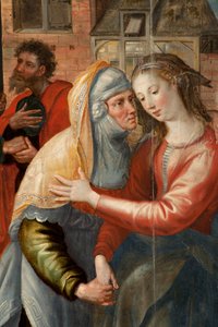 Anbetung der Heiligen Drei Könige, Triptychon, linkes Panel: Leben der Heiligen Jungfrau (Detail) von Maarten de Vos