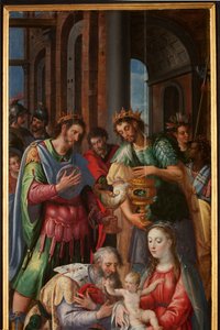 Anbetung der Könige, Triptychon, rechte Tafel, Detail von Maarten de Vos