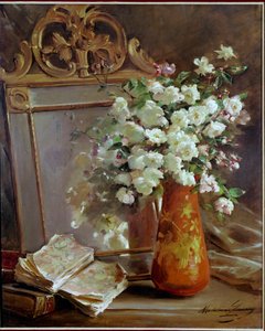Der rote Vase Stillleben mit Spiegel, Blumenstrauß und Buch von Madeleine Lemaire