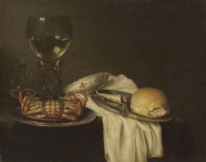 Stilleven met krab, roemer, brood en vaatwerk