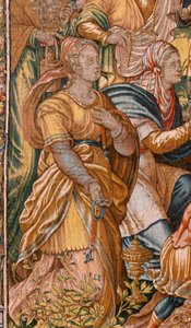 Diözesanmuseum. Flämischer Wandteppich. Brüssel. Atelier François Geubels. Serie Geschichte von Gideon. Die Israeliten übergeben Gideon ihren Anteil an der Beute. Seide und Wolle. Vermächtnis von Bischof