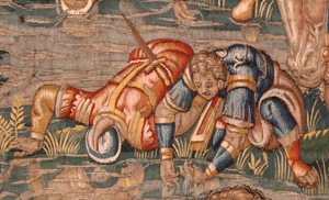 Diözesanmuseum (Museo Diocesano). Flemischer Wandteppich. Brüssel. Atelier François Geubels. Serie Geschichte von Gideon. Die Krieger werden ausgewählt. Seide und Wolle. Vermächtnis von Bischof Vicente Roca de la Serna. Barock. 1534-1571, in der c. von Maerten van Heemskerck