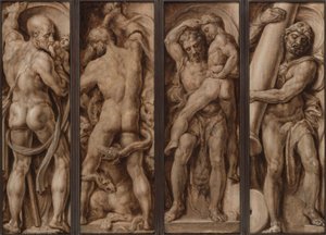 Saturn verschlingt ein Kind; Herkules tötet die Hydra; Herkules hebt Antäus hoch; Herkules errichtet die Säulen von Calpe und Abyla von Maerten van Heemskerck