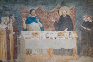 Das Wunder des heiligen Guido: der gesegnete Abt verwandelt Wasser in Wein vor Gebeardo, dem Erzbischof von Ravenna (Fresko)
