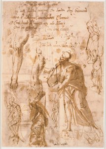 Zwei Blätter aus einem Skizzenbuch. Sechs Studien für stehende Figuren, zwei Studien für Beine, drei Skizzen für Füße und ein Kopf
