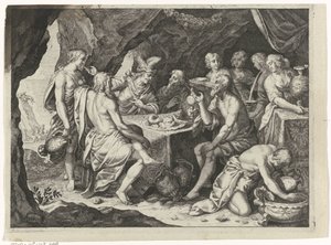Szene aus den Metamorphosen von Ovid: ein Mahl in einer Höhle von Magdalena van de Passe (attributed to)