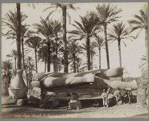 Liegende Statue von Ramses II in Memphis, im Vordergrund ein Junge mit einem Esel von Maison Bonfils
