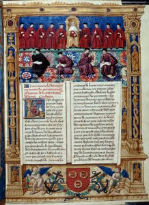 Der Rat der Zehn Der Doge ist in der Mitte. Seite aus einer Beschreibung oder befasst sich mit der Regierung und dem Regime der Stadt und Herrschaft Venedig, realisiert von Admiral Louis Malet de Graville, illuminiert vom Meister von Philip de Geldre (16.  von Maitre de Philippe de Gueldre