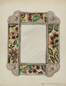 Spiegel, gerahmt mit Tapetenpaneelen, eingefasst in Zinn, ca. 1938