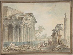 Architektonische Capriccio mit römischen Denkmälern und Wäscherinnen von Manner of Hubert Robert