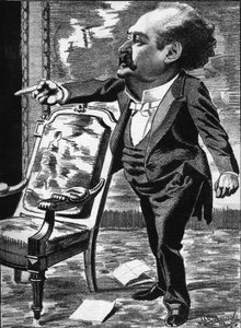 Jose Dupuis (1831-1900), Schauspieler, Fantasiekomiker. Karikatur des Karikaturisten Manuel Luque. In „The Cartoon“ von 1886