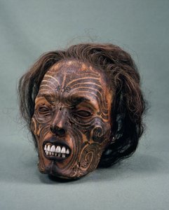Kopf eines Stammeshäuptlings, tätowiert und mumifiziert, Maori-Zivilisation