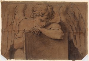 Karikaturfragment für jugendlichen Engel, der sich auf eine Tafel oder ein geschlossenes Buch stützt, ca. 1690-95