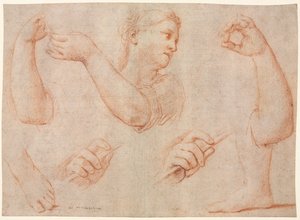 Studie einer jungen Frau, die ein Tamburin spielt, und Studien eines Arms, Hände und Füße (Studien für "Miriam führt den Chor der Frauen, die für die Niederlage des Pharao danken")
