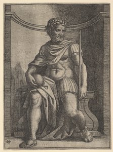 Ein römischer Kaiser sitzt in einer Nische, hält einen Globus und ein Zepter und schaut nach..., ca. 1500-1534 von Marcantonio Raimondi