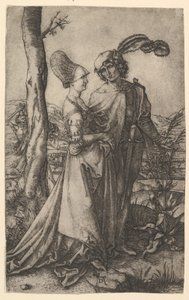 Herr und Dame spazieren mit der Figur des Todes, die sich hinter einem Baum versteckt und eine Sanduhr hält, ca. 1500-1534 von Marcantonio Raimondi