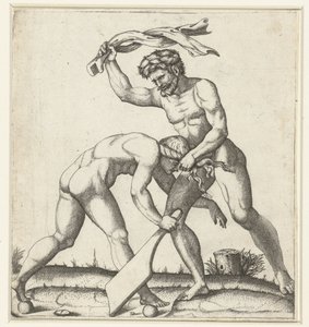 Mann kämpft mit Frau als Personifikation des Glücks (Fortuna) von Marcantonio Raimondi