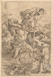 Der heilige Christophorus überquert den Fluss mit Christus in Form eines Putto auf seiner Schulter, ca. 1500-1534 von Marcantonio Raimondi