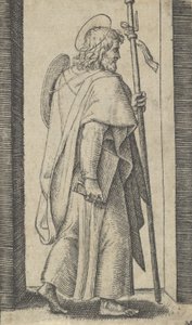 Heiliger Jakobus der Ältere, Buch in seiner rechten Hand, Stab in seiner linken, ca. 1500-1527 von Marcantonio Raimondi