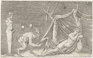 Satyr schleicht sich an schlafende Nymphe heran (Mythologische Darstellungen nach alten Basreliefs)