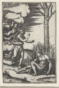 Schlafender Mann und Nymphe von Amor verfolgt
