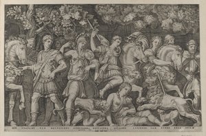 Speculum Romanae Magnificentiae: Die Löwenjagd, ca. 1500-1534 von Marcantonio Raimondi