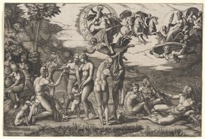 Das Urteil des Paris: Er sitzt links mit Venus, Juno und Pallas Athene, ein geflügelter Sieg darüber, um 1510-20 von Marcantonio Raimondi