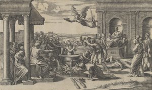 Das Martyrium der heiligen Cäcilia, nackt in einem großen Kessel stehend, links unten