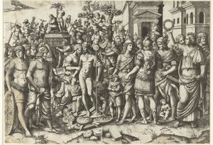 Triumphzug eines römischen Kaisers mit Soldaten und erbeuteten Rüstungen