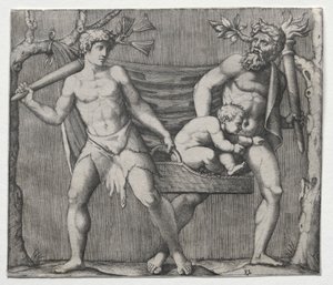 Zwei Faune tragen ein Kind in einem Korb von Marcantonio Raimondi