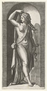Frau als Personifikation der Vorsicht (Prudentia) mit Schlange und Maske, Sieben Tugenden (Serientitel)
