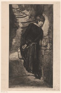 In Schwarz gekleidete Frau, die sich gegen eine Wand lehnt von Marcel Roux (signed by artist)