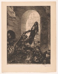 Monster greift eine Frau, die in der Tür steht von Marcel Roux (signed by artist)