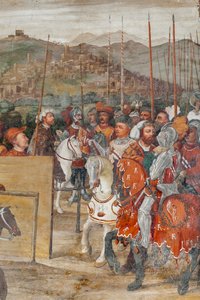 Detail des Besuchs von Christian I. von Dänemark bei Bartolomeo Colleoni, Ehrenhalle von Marcello or Romani Girolamo (Romanino) (c.1485 c.1566) (attr.to) Fogolino
