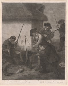 Diener bereiten die Gewehre für die Jagd vor
