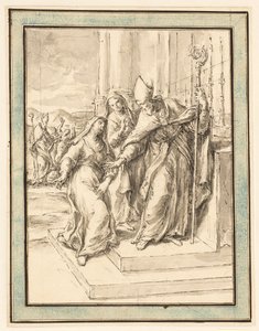 Ein Bischof und zwei Nonnen an einem Altar, mit einem Bischof, der im Hintergrund eine besessene Frau heilt