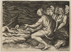Eine Gruppe von Figuren rechts, die einen Schiffbruch beobachten, ca. 1515-1527