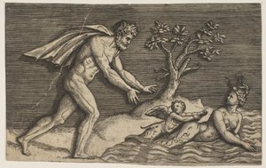 Ein nackter Mann verfolgt eine Najade und einen Amor ins Wasser, ca. 1515-27