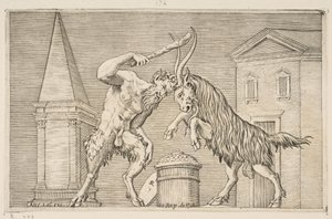 Ein Satyr und ein Widder, die sich gegenseitig angreifen, der Satyr schwingt einen Knüppel mit seiner rechten Hand, ca. 1515-27