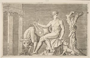 Apollo hütet die Herden des Admetus, Apollo sitzend mit einer Lyra von Marco Dente