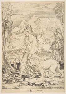 Tapferkeit im Profil, die nach links zu einem Feuer geht und einen angeleinten Löwen führt, ca. 1515-27