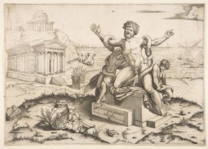 Laokoon und seine zwei Söhne werden von Schlangen auf einem Sockel angegriffen, ein Tempel zu Mi..., ca. 1515-27