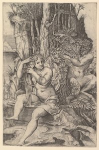 Pan beobachtet die Nymphe Syrinx, die auf einem Felsen sitzt und ihr Haar kämmt, ca. 1516-20 von Marco Dente