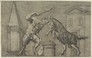 Satyr und Widder im Kampf Antike Reliefs