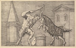 Speculum Romanae Magnificentiae: Ein Satyr und ein Widder im Kampf, 16. Jahrhundert