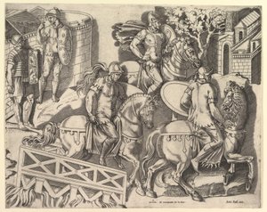Speculum Romanae Magnificentiae: Römische Reiter überqueren eine Brücke von Trajans C..., 16. Jahrhundert von Marco Dente