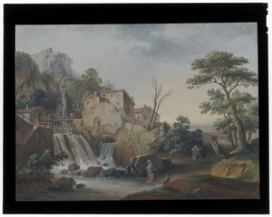 Landschaft mit Wasserfall und Hütten von Marco Ricci