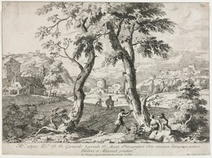 Ansicht eines Dorfes mit Figuren im Vordergrund von Marco Ricci