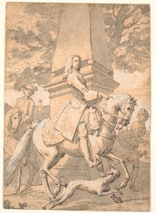 Vornehmer Herr, begleitet von Dienern, reitet an einem Denkmal vorbei