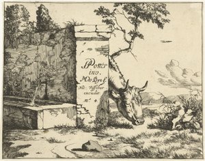 Weidendes Rind hinter einer Mauer (Rinder) von Marcus de Bye